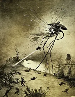 Brazilian Prints: Illustration of a Martian Fighting Machine Attacking Humans by Alvim Correa