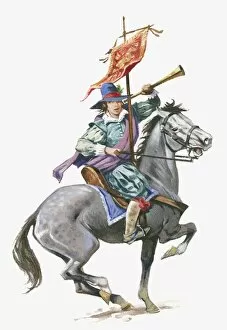 Images Dated 12th March 2010: Illustration of Mary Frith (Moll Cutpurse) on horseback holding horn and banner