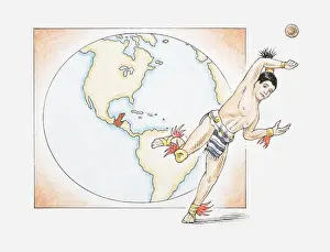 Leaping Prints: Illustration of Mayan man playing ballgame and map highlighting the land of the Mayans on Yucatan peninsula