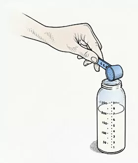 Illustration of measuring scoop above baby bottle