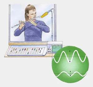 Images Dated 29th October 2009: Illustration of measuring sound made by flute played by woman in studio