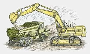 Images Dated 20th November 2009: Illustration of mechanical digger loading rubble in dumper truck