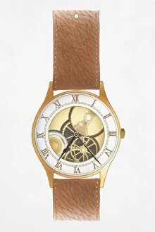 Illustration, mechanical wristwatch with roman numerals, brown leather strap, internal gold wheels and springs visible