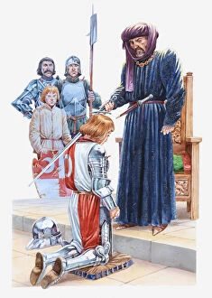 Images Dated 29th November 2011: Illustration of a medieval squire being dubbed a knight