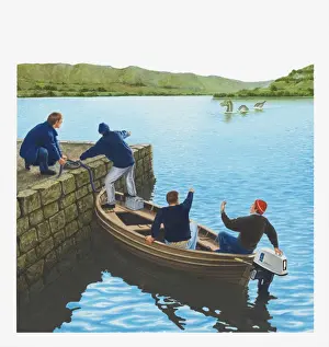 Myth Prints: Illustration of men in boat and at waters edge pointing at the Loch Ness Monster