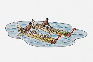 Images Dated 14th April 2010: Illustration of two men in canoes loaded with tropical fruit