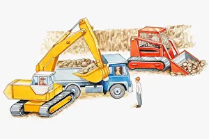 Earth Mover Prints: Illustration of men moving rocks using mechanical digger