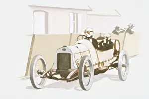 Sepia Prints: Illustration of two men in old fashioned racecar wearing helmet and goggles