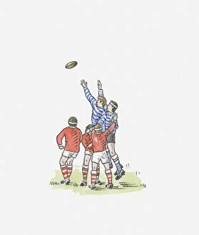 Illustration of men playing rugby jumping in air to catch ball