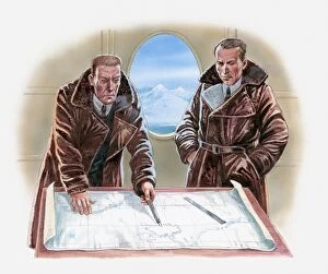 Illustration of two men pointing at route through Polar region on map inside airship