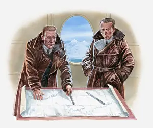 Polar Prints: Illustration of two men pointing at route through Polar region on map inside airship