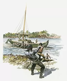 Images Dated 12th March 2010: Illustration of men pulling boat to shore from river