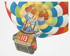 Illustration, two men standing in basket of rising hot-air balloon, one talking into radiophone