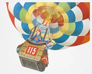 Illustration, two men standing in basket of rising hot-air balloon, one talking into radiophone, the other one looking down, low angle view
