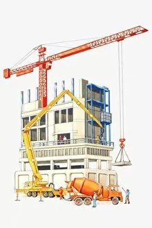 Crane Gallery: Illustration of men working on construction site using cranes and cements mixers