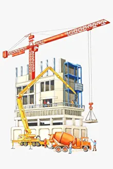 Crane Prints: Illustration of men working on construction site using cranes and cements mixers