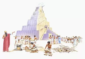 Illustration of Mesopotamian King Nimrod standing near slaves constructing the Tower of Babel