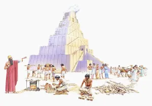 Islam Prints: Illustration of Mesopotamian King Nimrod standing near slaves constructing the Tower of Babel