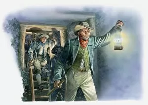 Illustration of miner holding safety lamp in 19th century mine shaft