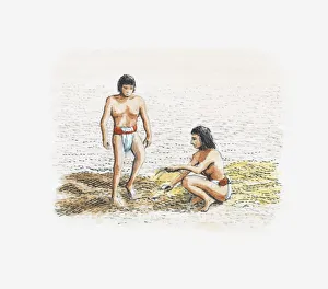 Adobe Collection: Illustration of Moche people constructing temple-pyramid, mixing soil, water and straw to make adobe