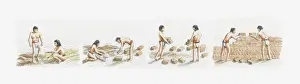 Progress Prints: Illustration of Moche people constructing temple-pyramid using adobe bricks