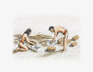 Loin Cloth Prints: Illustration of Moche people constructing temple-pyramid using adobe bricks