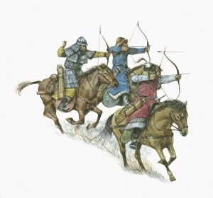 Aiming Gallery: Illustration of Mongol soldiers on horseback shooting arrows