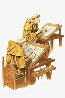 Images Dated 16th June 2010: Illustration of two monks creating illuminated writing