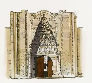 Circa 13th Century Prints: Illustration of monumental pishtaq (gate) to Sultanhano caravanserai, Aksaray, Turkey