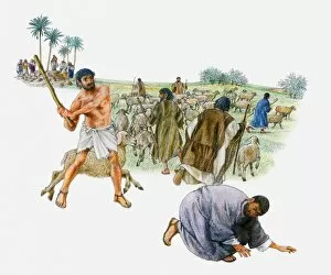 Illustration of Moses driving shepherds away from well so Jethros daughters can drink