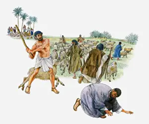 Father Prints: Illustration of Moses driving shepherds away from well so Jethros daughters can drink