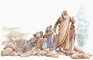 Illustration of Moses leading Hebrews Eastward on journey to Canaan