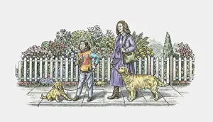 One Parent Prints: Illustration of mother and daughter walking adult dog and puppy on pavement