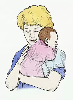 Illustration of mother gently winding baby