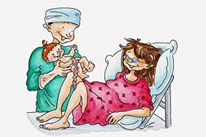 Illustration of mother and newborn baby with umbilical cord still attached, baby being held by nurse