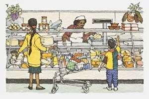 Images Dated 7th August 2006: Illustration, mother and son being served standing in front of supermarket meat and cheese counter