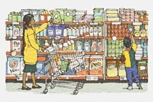 Illustration, mother and son standing in front of supermarket rack containing washing powders
