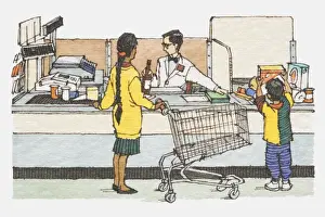 One Parent Prints: Illustration, mother and son standing at supermarket checkout counter with emptied trolley