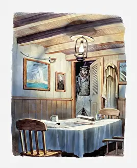 Door Prints: Illustration of Mr Morgan, crew member on the Ellen Austin walking on a ghost ship found in the Atlantic Ocean