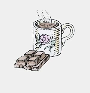 Food And Drink Gallery: Illustration of mug of hot chocolate and partly eaten chocolate bar