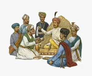 Images Dated 30th December 2009: Illustration of Muslims, Zoroastrians, Hindu pandits and yogis discuss their religious beliefs