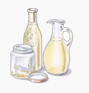 Wine Bottle Prints: Illustration of mustard, herbs and olive oil for making salad dressing