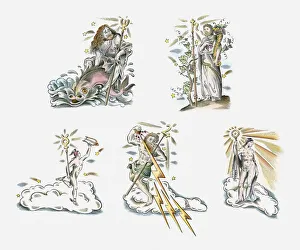 Illustration of mythological characters associated with planets in astrology Illustration of mythological characters associated with planets in astrology