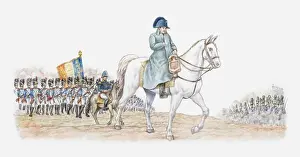 Emperor Prints: Illustration of Napoleon Bonaparte leading his army on horseback