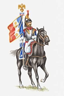 Images Dated 24th May 2010: Illustration of Napoleonic Soldier on horseback carrying flag