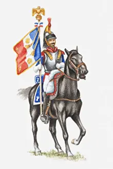 Cavalry Prints: Illustration of Napoleonic Soldier on horseback carrying flag