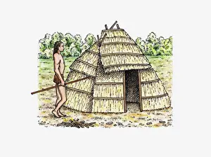 Illustration of Native American standing outside hut in prehistoric Icehouse Bottom, Monroe County, Tennessee