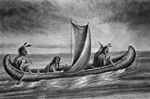 Paddling Prints: Illustration of Native Americans in a Canoe