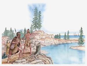 Images Dated 24th March 2011: Illustration of Native Americans pointing with young Pocahontas standing behind