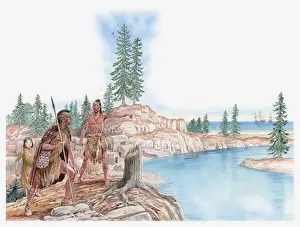 Discovery Prints: Illustration of Native Americans pointing with young Pocahontas standing behind